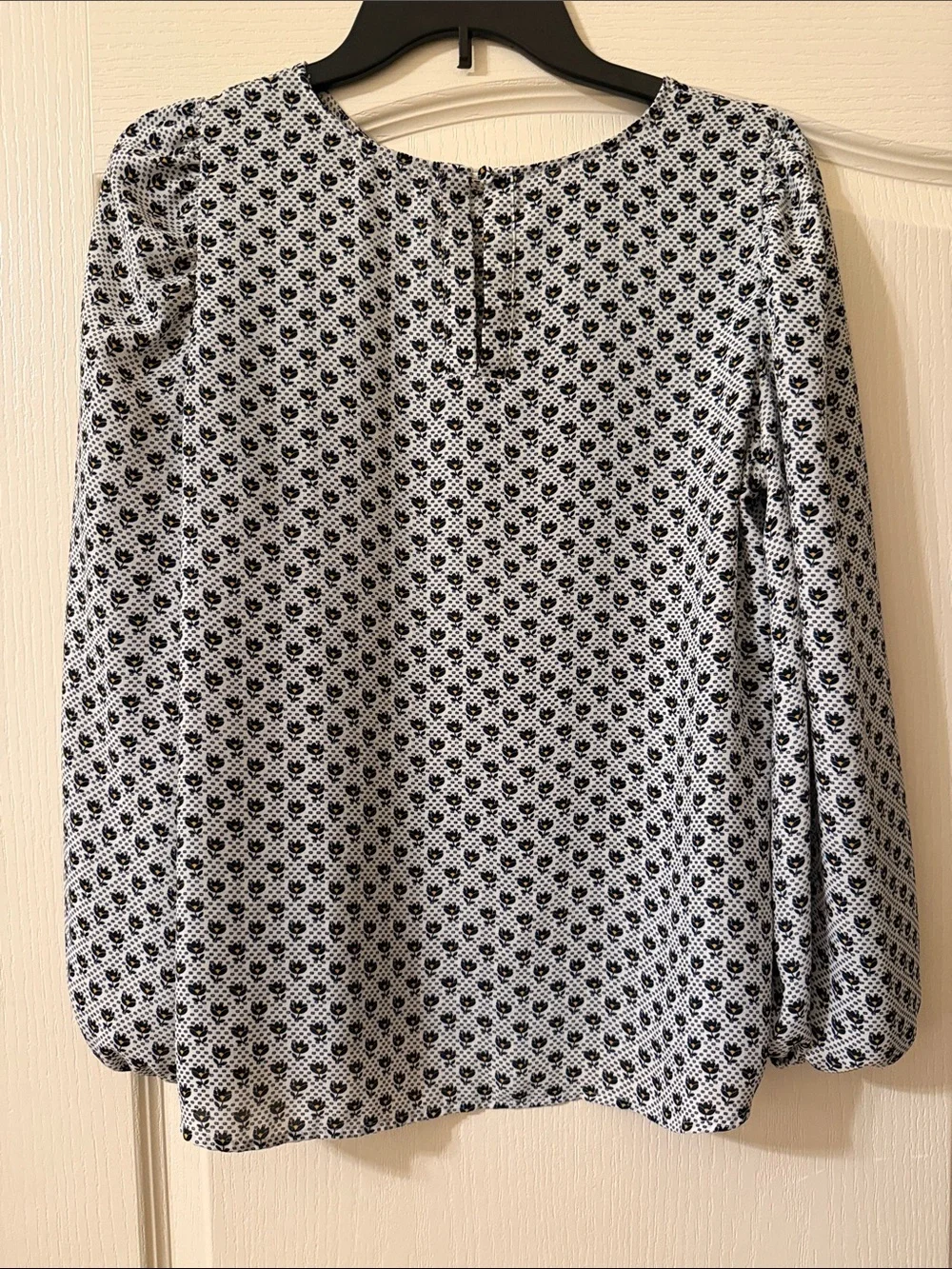 LOFT Navy and White Printed Floral Long Sleeve Blouse